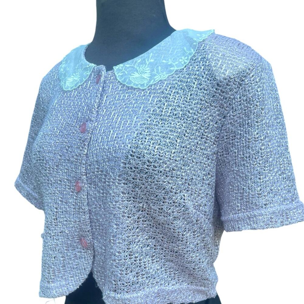 Vtg Fairy Dainty Ladylike Coquette Lace Collar Cropped Knit Cardigan Womens M